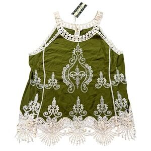 Ultra Pink Olive Green Embroidered Lace Trim Boho Tank Top NWT Size L
